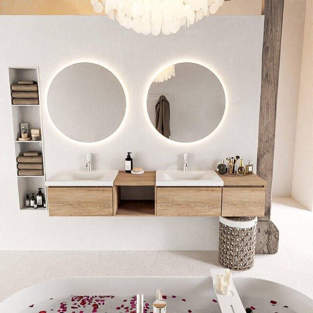 Mondiaz BUKLA badkamermeubelset 200x45x34cm 2 kraangaten 2 wasbakken solid surface Talc greeploos 3 lades met softclose Melamine Washed Oak BUKLA20014