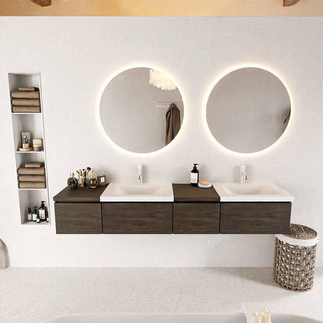 Mondiaz BUKLA badkamermeubelset 200x45x34cm 2 kraangaten 2 wasbakken solid surface Talc greeploos 4 lades met softclose Melamine Dark brown BUKLA10148