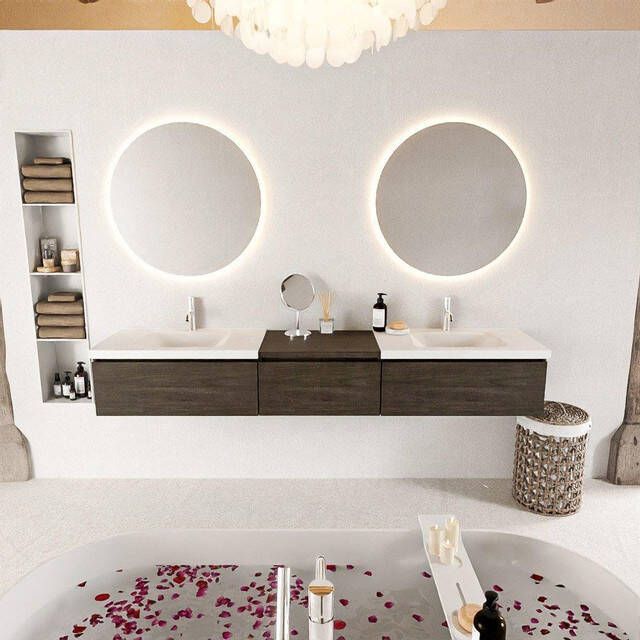 Mondiaz BUKLA badkamermeubelset 220x45x34cm 2 kraangaten 2 wasbakken solid surface Talc greeploos 3 lades met softclose Melamine Dark brown BUKLA10186