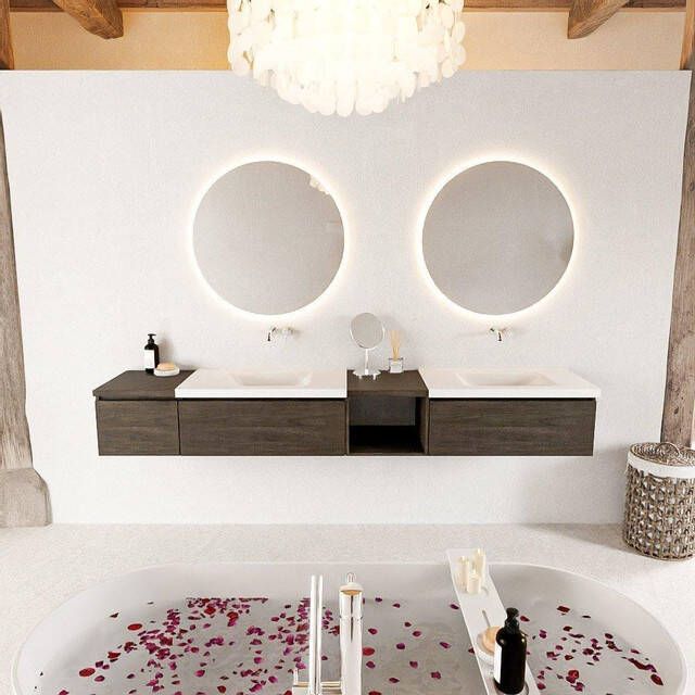 Mondiaz BUKLA badkamermeubelset 240x45x34cm 0 kraangaten 2 wasbakken solid surface Talc greeploos 3 lades met softclose Melamine Dark brown BUKLA20125