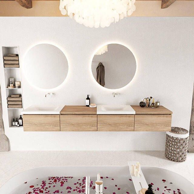 Mondiaz BUKLA badkamermeubelset 240x45x34cm 0 kraangaten 2 wasbakken solid surface Talc greeploos 4 lades met softclose Melamine Washed Oak BUKLA10047