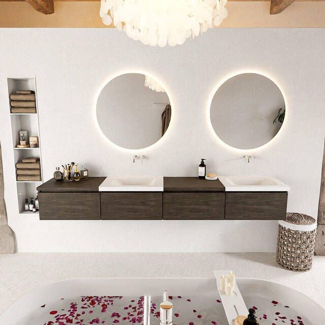 Mondiaz BUKLA badkamermeubelset 240x45x34cm 0 kraangaten 2 wasbakken solid surface Talc greeploos 4 lades met softclose Melamine Dark brown BUKLA10173