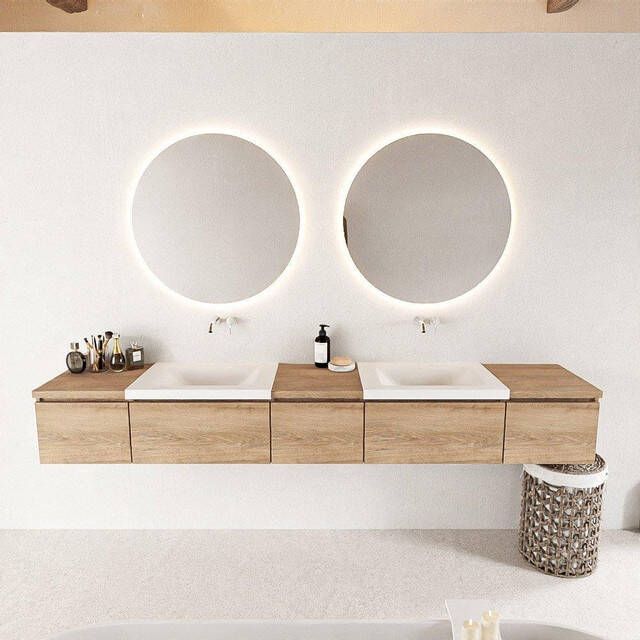 Mondiaz BUKLA badkamermeubelset 240x45x34cm 0 kraangaten 2 wasbakken solid surface Talc greeploos 5 lades met softclose Melamine Washed Oak BUKLA10021 - Foto 2