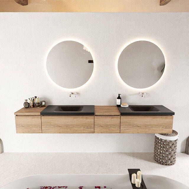 Mondiaz BUKLA badkamermeubelset 240x45x34cm 0 kraangaten 2 wasbakken solid surface Urban greeploos 4 lades met softclose Melamine Washed Oak BUKLA10097 - Foto 2