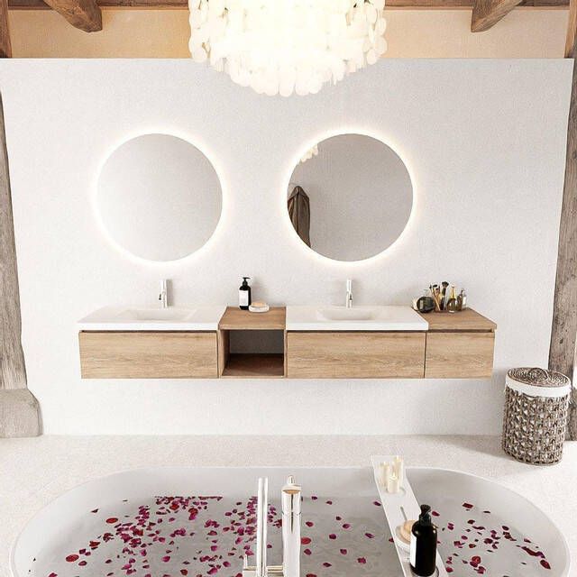 Mondiaz BUKLA badkamermeubelset 240x45x34cm 2 kraangaten 2 wasbakken solid surface Talc greeploos 3 lades met softclose Melamine Washed Oak BUKLA20036 - Foto 2