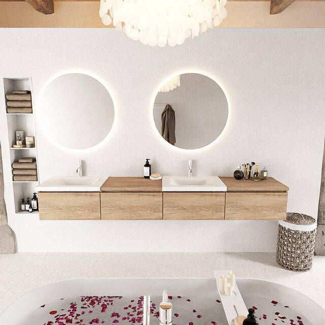 Mondiaz BUKLA badkamermeubelset 240x45x34cm 2 kraangaten 2 wasbakken solid surface Talc greeploos 4 lades met softclose Melamine Washed Oak BUKLA10048