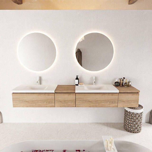 Mondiaz BUKLA badkamermeubelset 240x45x34cm 2 kraangaten 2 wasbakken solid surface Talc greeploos 4 lades met softclose Melamine Washed Oak BUKLA10032
