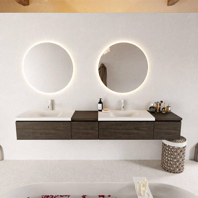 Mondiaz BUKLA badkamermeubelset 240x45x34cm 2 kraangaten 2 wasbakken solid surface Talc greeploos 4 lades met softclose Melamine Dark brown BUKLA10160