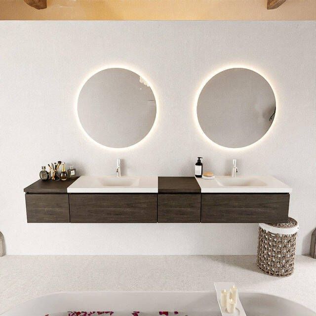 Mondiaz BUKLA badkamermeubelset 240x45x34cm 2 kraangaten 2 wasbakken solid surface Talc greeploos 4 lades met softclose Melamine Dark brown BUKLA10162