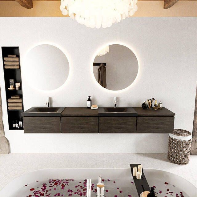 Mondiaz BUKLA badkamermeubelset 240x45x34cm 2 kraangaten 2 wasbakken solid surface Urban greeploos 4 lades met softclose Melamine Dark brown BUKLA10240