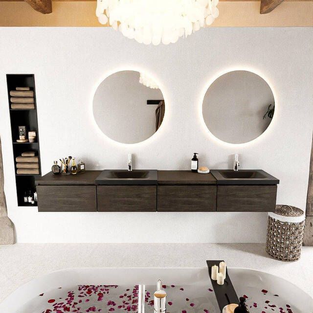 Mondiaz BUKLA badkamermeubelset 240x45x34cm 2 kraangaten 2 wasbakken solid surface Urban greeploos 4 lades met softclose Melamine Dark brown BUKLA10238