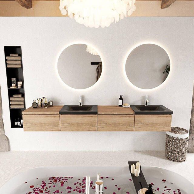 Mondiaz BUKLA badkamermeubelset 240x45x34cm 2 kraangaten 2 wasbakken solid surface Urban greeploos 4 lades met softclose Melamine Washed Oak BUKLA10110
