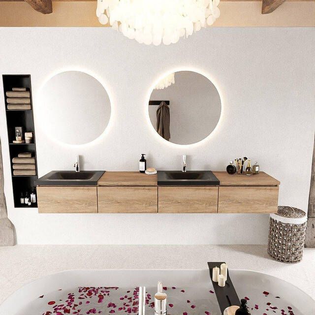 Mondiaz BUKLA badkamermeubelset 240x45x34cm 2 kraangaten 2 wasbakken solid surface Urban greeploos 4 lades met softclose Melamine Washed Oak BUKLA10112 - Foto 2