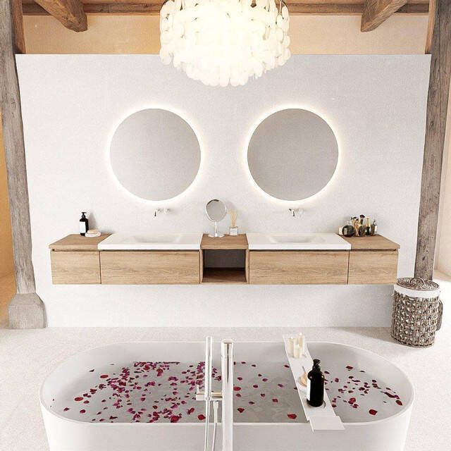 Mondiaz BUKLA badkamermeubelset 280x45x34cm 0 kraangaten 2 wasbakken solid surface Talc greeploos 4 lades met softclose Melamine Washed Oak BUKLA20039 - Foto 2