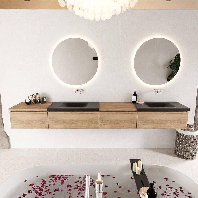Mondiaz BUKLA badkamermeubelset 280x45x34cm 0 kraangaten 2 wasbakken solid surface Urban greeploos 4 lades met softclose Melamine Washed Oak BUKLA10125