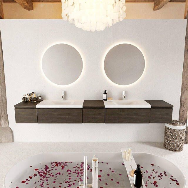Mondiaz BUKLA badkamermeubelset 280x45x34cm 2 kraangaten 2 wasbakken solid surface Talc greeploos 5 lades met softclose Melamine Dark brown BUKLA10164