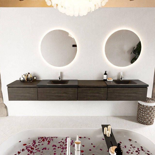 Mondiaz BUKLA badkamermeubelset 280x45x34cm 2 kraangaten 2 wasbakken solid surface Urban greeploos 4 lades met softclose Melamine Dark brown BUKLA10254