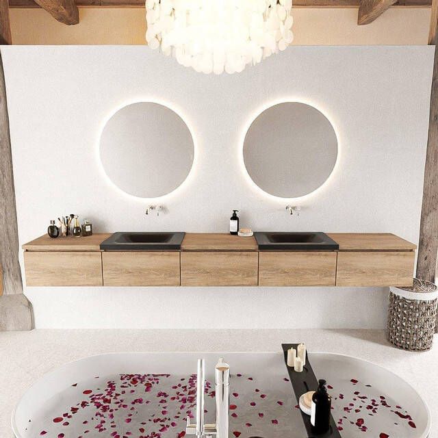 Mondiaz BUKLA badkamermeubelset 300x45x34cm 0 kraangaten 2 wasbakken solid surface Urban greeploos 5 lades met softclose Melamine Washed Oak BUKLA10113