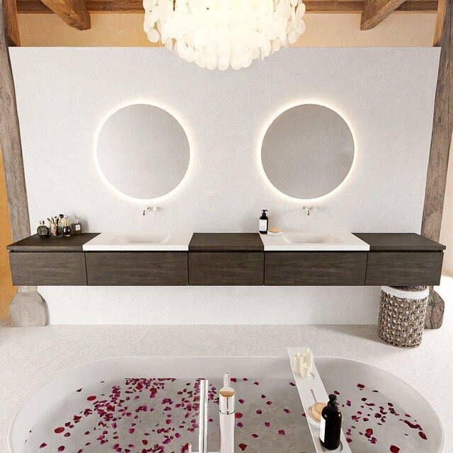 Mondiaz BUKLA badkamermeubelset 340x45x34cm 0 kraangaten 2 wasbakken solid surface Talc greeploos 5 lades met softclose Melamine Dark brown BUKLA10191