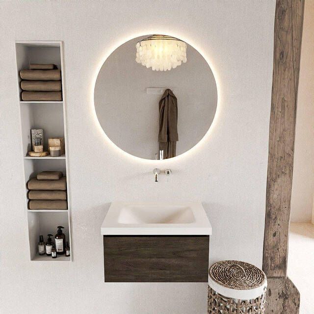 Mondiaz BUKLA Badkamermeubelset 60x45x34cm 0 kraangaten wasbak midden solid surface Talc greeploos 1 lade Melamine Dark brown BUKLA10129