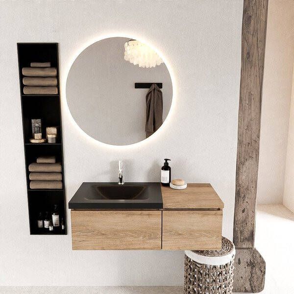 Mondiaz BUKLA badmeubelset 100x45x34cm 1 kraangat wasbak links solid surface Urban greeploos 2 lades met softclose Melamine Washed Oak BUKLA10074