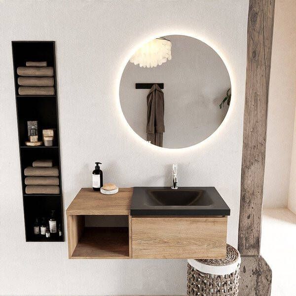 Mondiaz BUKLA badmeubelset 100x45x34cm 1 kraangat wasbak rechts solid surface Urban greeploos 1 lade met softclose Melamine Washed Oak BUKLA20048