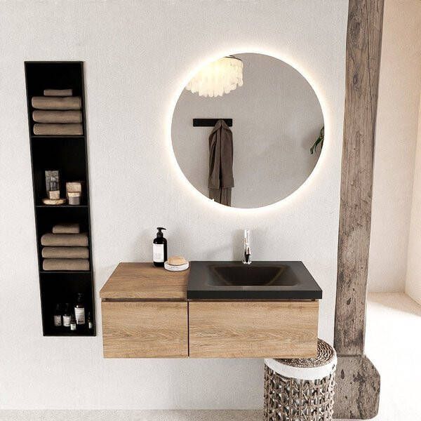 Mondiaz BUKLA badmeubelset 100x45x34cm 1 kraangat wasbak rechts solid surface Urban greeploos 2 lades met softclose Melamine Washed Oak BUKLA10076