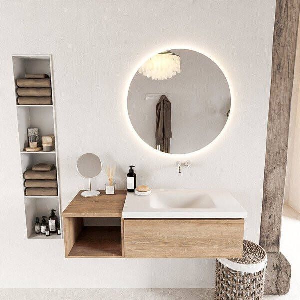 Mondiaz BUKLA badmeubelset 120x45x34cm 0 kraangaten wasbak rechts solid surface Talc greeploos 1 lade met softclose Melamine Washed Oak BUKLA20025