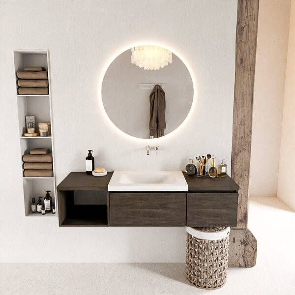 Mondiaz BUKLA badmeubelset 140x45x34cm 0 kraangaten wasbak midden solid surface Talc greeploos 2 lades met softclose Melamine Dark brown BUKLA20097