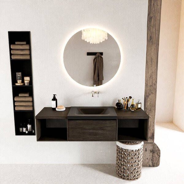 Mondiaz BUKLA badmeubelset 140x45x34cm 0 kraangaten wasbak midden solid surface Urban greeploos 2 lades met softclose Melamine Dark brown BUKLA20141