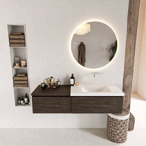 Mondiaz BUKLA badmeubelset 140x45x34cm 0 kraangaten wasbak rechts solid surface Talc greeploos 2 lades met softclose Melamine Dark brown BUKLA10181