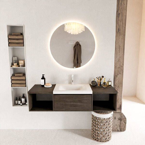 Mondiaz BUKLA badmeubelset 140x45x34cm 1 kraangat wasbak midden solid surface Talc greeploos 2 lades met softclose Melamine Dark brown BUKLA20096