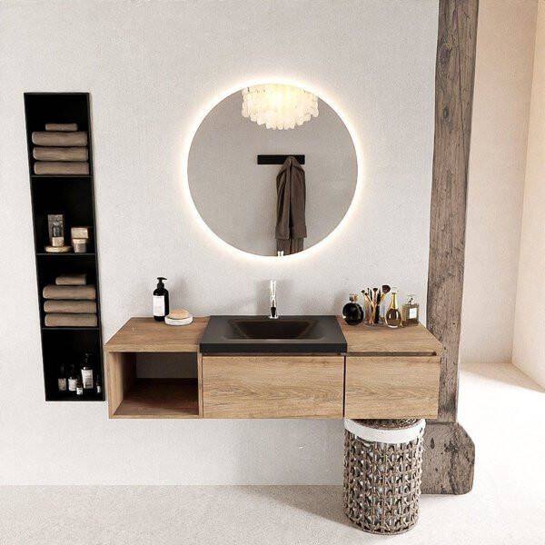 Mondiaz BUKLA badmeubelset 140x45x34cm 1 kraangat wasbak midden solid surface Urban greeploos 2 lades met softclose Melamine Washed Oak BUKLA20050