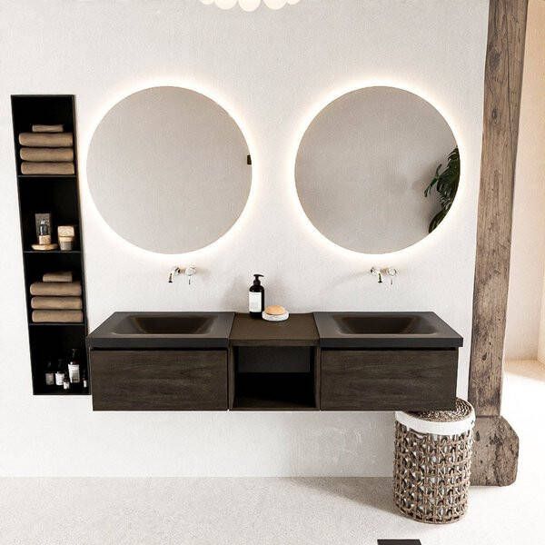 Mondiaz BUKLA badmeubelset 160x45x34cm 0 kraangaten 2 wasbakken solid surface Urban greeploos 2 lades met softclose Melamine Dark brown BUKLA20143
