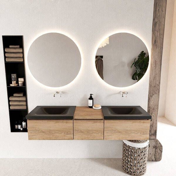 Mondiaz BUKLA badmeubelset 160x45x34cm 0 kraangaten 2 wasbakken solid surface Urban greeploos 3 lades met softclose Melamine Washed Oak BUKLA10079