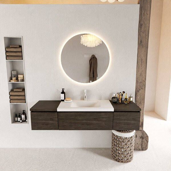 Mondiaz BUKLA badmeubelset 160x45x34cm 1 kraangat wasbak midden solid surface Talc greeploos 3 lades met softclose Melamine Washed Oak BUKLA10028