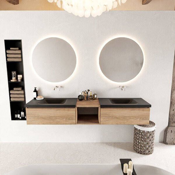 Mondiaz BUKLA badmeubelset 200x45x34cm 0 kraangaten 2 wasbakken solid surface Urban greeploos 2 lades met softclose Melamine Dark brown BUKLA20165