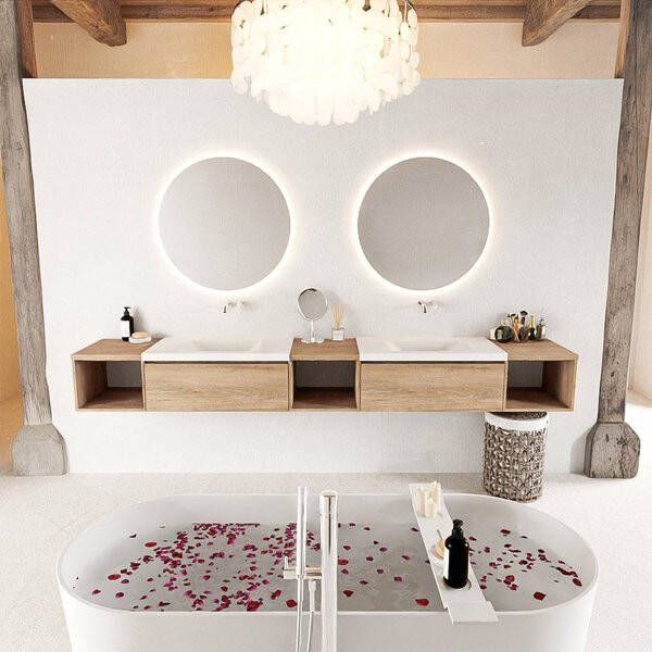 Mondiaz BUKLA badmeubelset 280x45x34cm 0 kraangaten 2 wasbakken solid surface Talc greeploos 2 lades met softclose Melamine Dark brown BUKLA20131