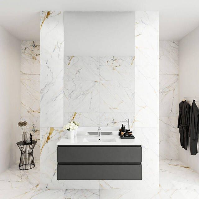 Douche Concurrent Badkamermeubel Denta Hangend 100x50x45cm MDF Donkergrijs Glans Keramiek Wastafel Softclose 1 Kraangat Midden met 2 Lades