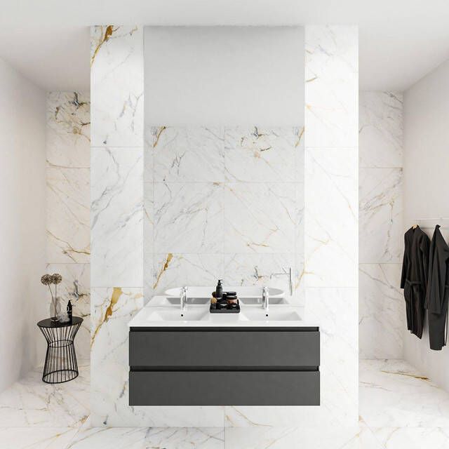 Douche Concurrent Badkamermeubel Denta Hangend 120x50x45cm MDF Donkergrijs Glans Keramiek Wastafel Softclose 2 Kraangaten Dubbel met 2 Lades