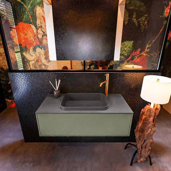 Mondiaz ERIN 100cm badmeubelset onderkast kleur Army met 1 lade Wastafel RIDGE midden 1 kraangat kleur Linen ERIN12520