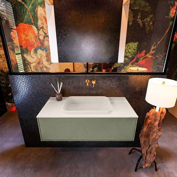 Mondiaz ERIN 100cm badmeubelset onderkast kleur Army met 1 lade Wastafel RIDGE midden zonder kraangaten kleur Talc ERIN10275