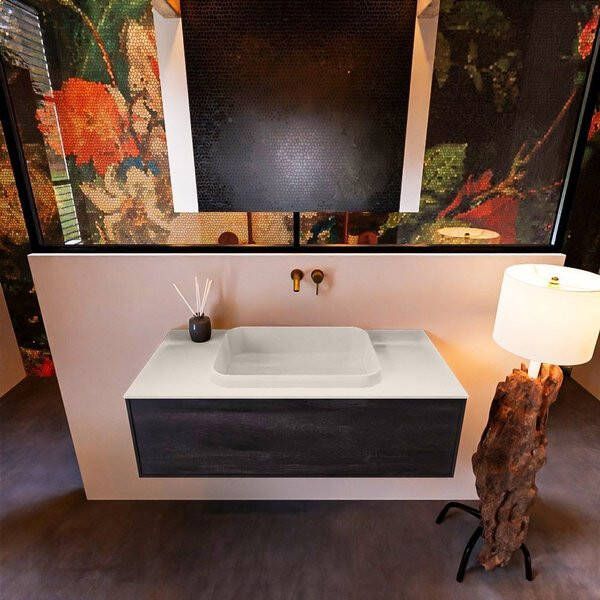 Mondiaz ERIN 100cm badmeubelset onderkast kleur Dark brown met 1 lade Wastafel RIDGE midden zonder kraangaten kleur Urban ERIN11329