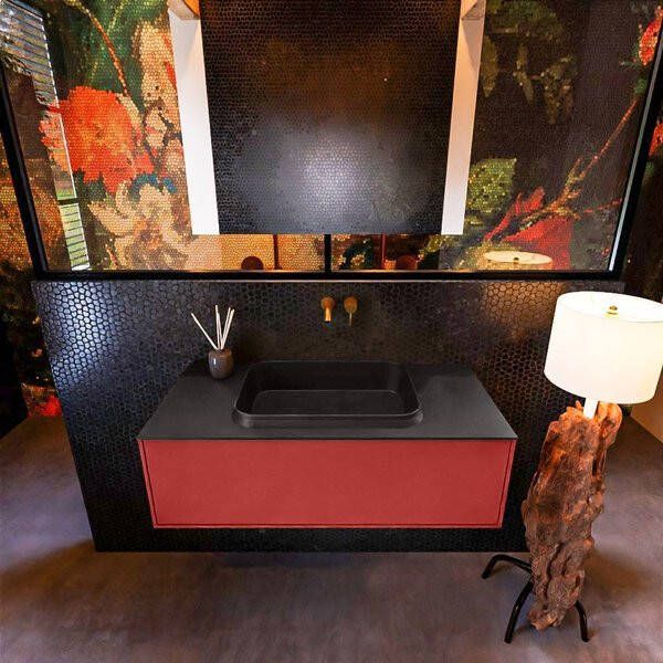 Mondiaz ERIN 100cm badmeubelset onderkast kleur Fire met 1 lade Wastafel RIDGE midden zonder kraangaten kleur Dark grey ERIN11839