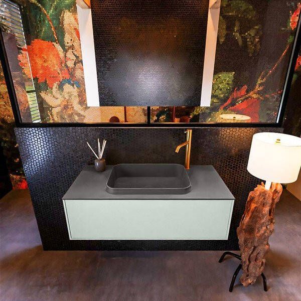 Mondiaz ERIN 100cm badmeubelset onderkast kleur Greey met 1 lade Wastafel RIDGE midden 1 kraangat kleur Dark grey ERIN11602