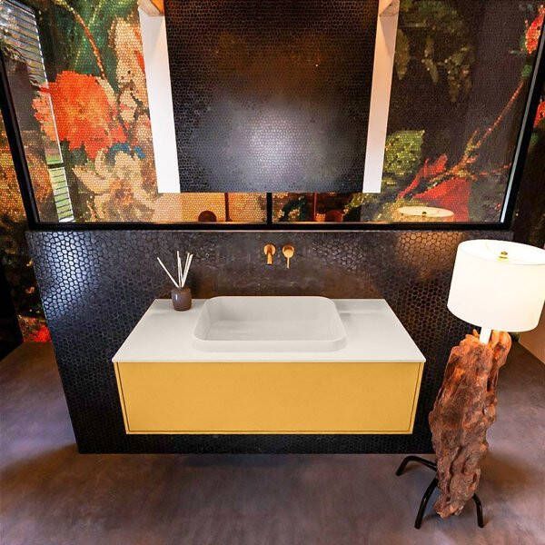 Mondiaz ERIN 100cm badmeubelset onderkast kleur Ocher met 1 lade Wastafel RIDGE midden zonder kraangaten kleur Dark grey ERIN11907