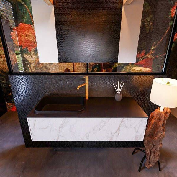 Mondiaz ERIN 120cm badmeubelset onderkast kleur carrara met 1 lade Wastafel RIDGE links 1 kraangat kleur Linen ERIN12967