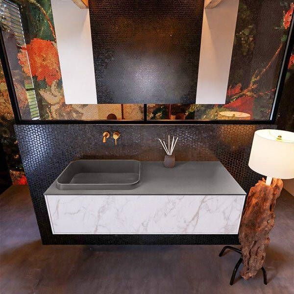 Mondiaz ERIN 120cm badmeubelset onderkast kleur carrara met 1 lade Wastafel RIDGE links zonder kraangaten kleur Talc ERIN10720