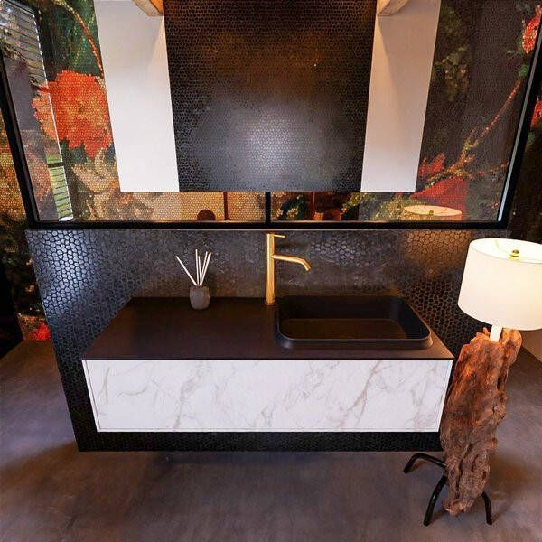 Mondiaz ERIN 120cm badmeubelset onderkast kleur carrara met 1 lade Wastafel RIDGE rechts 1 kraangat kleur Dark grey ERIN12220