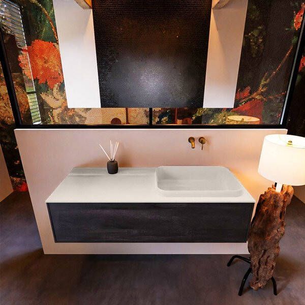 Mondiaz ERIN 120cm badmeubelset onderkast kleur Dark brown met 1 lade Wastafel RIDGE rechts zonder kraangaten kleur Urban ERIN11333